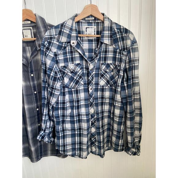 BKE Western Shirts Mens Large Gray/Blue/White Rodeo Cowboy Pearl Snap Lot Of 2 - Picture 3 of 9
